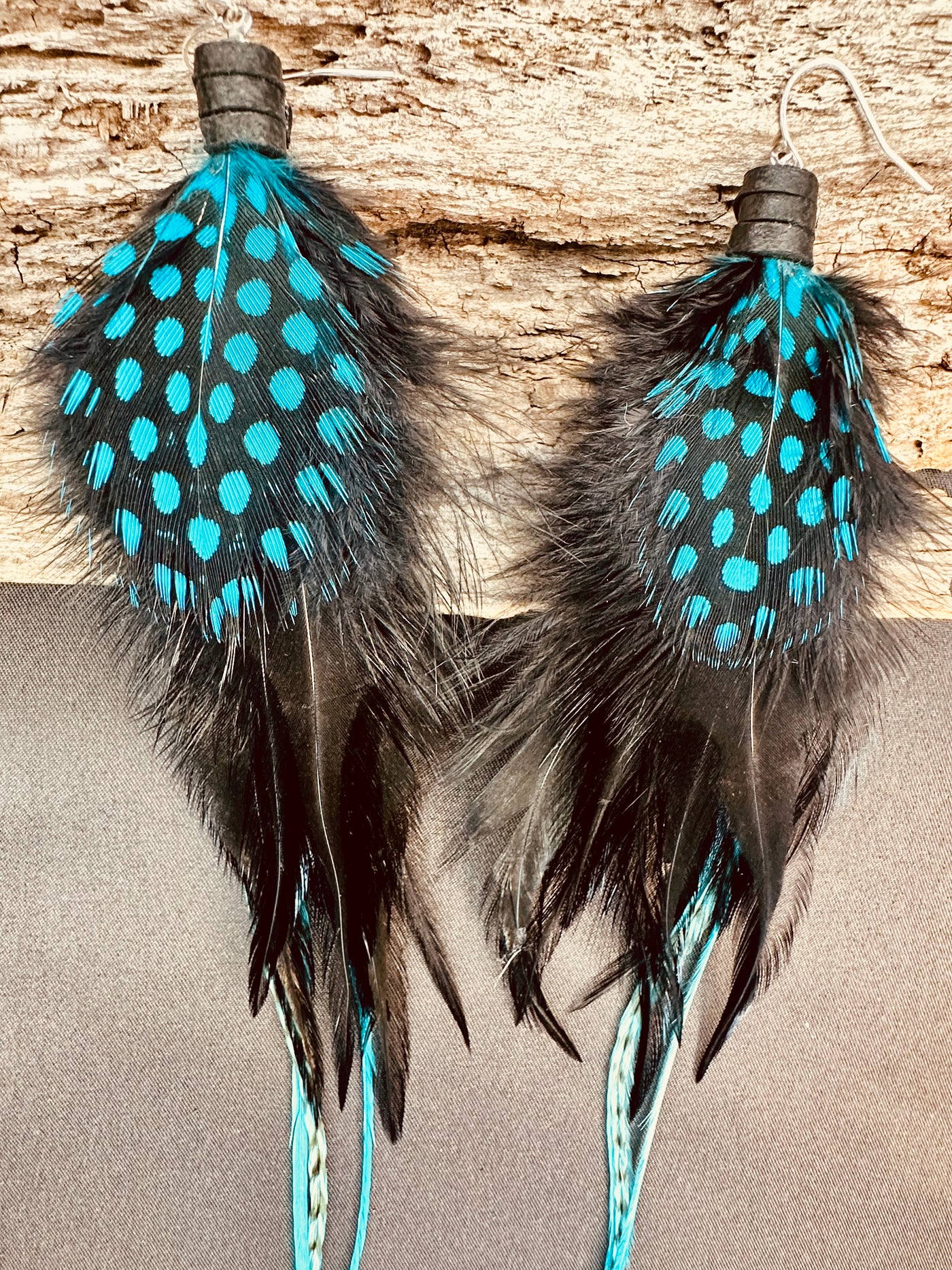 The Tess – 8 inch Black & Turquoise Handmade Showstopper Feather Earrings