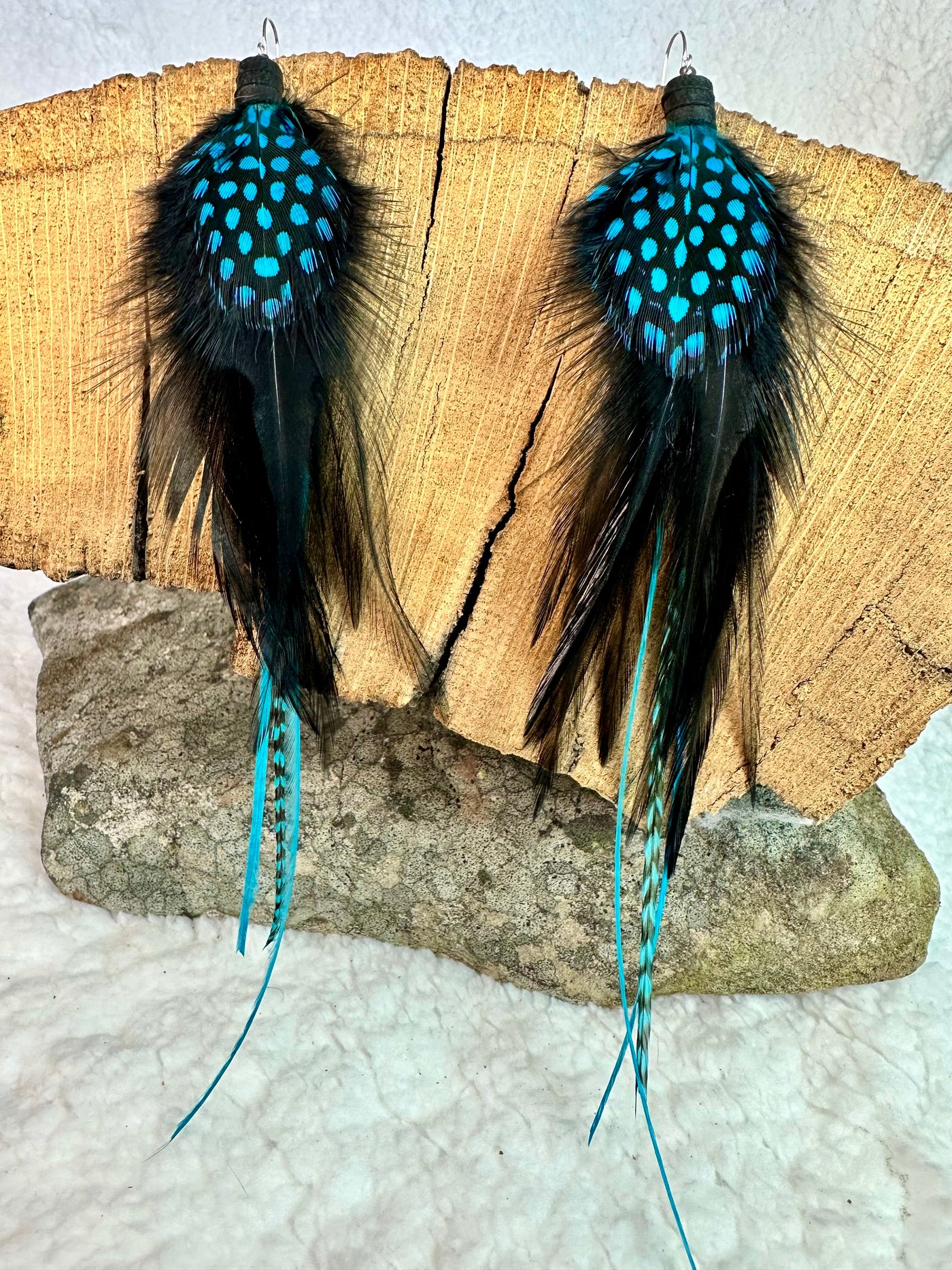 The Tess – 8 inch Black & Turquoise Handmade Showstopper Feather Earrings