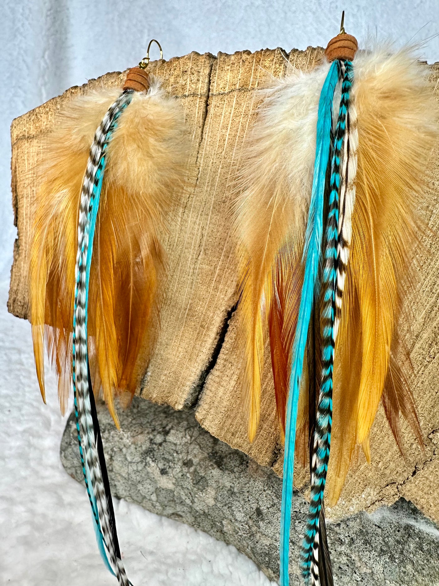 The Dorothy Midi – 8 inch Brown & Turquoise Handmade Statement Feather Earrings