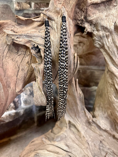 The Roe – 8 inch Beautiful Handmade Everyday White and Black Feather Grizzly Earrings