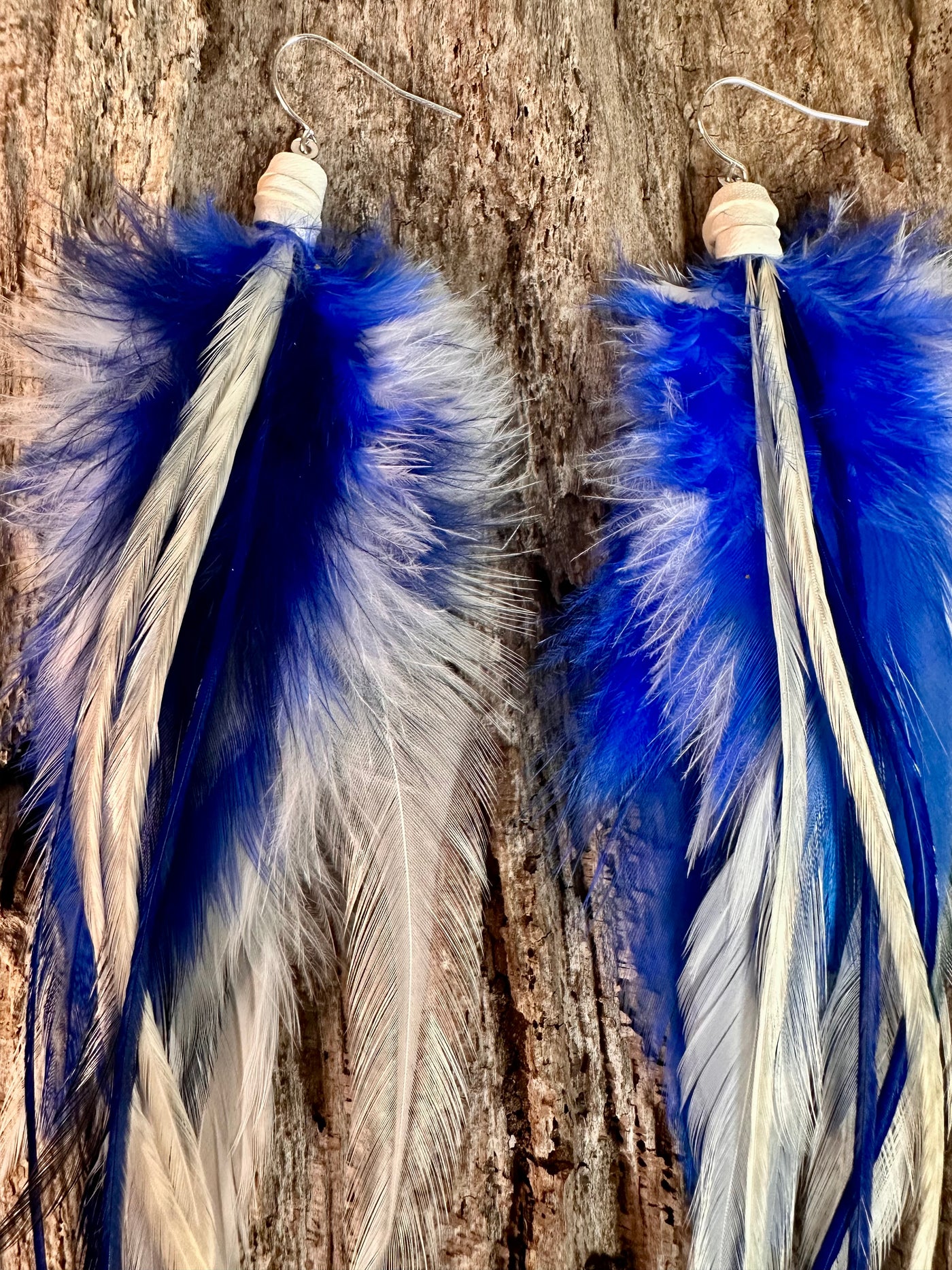 8 inch Blue and White Handmade Sports Feather Earrings