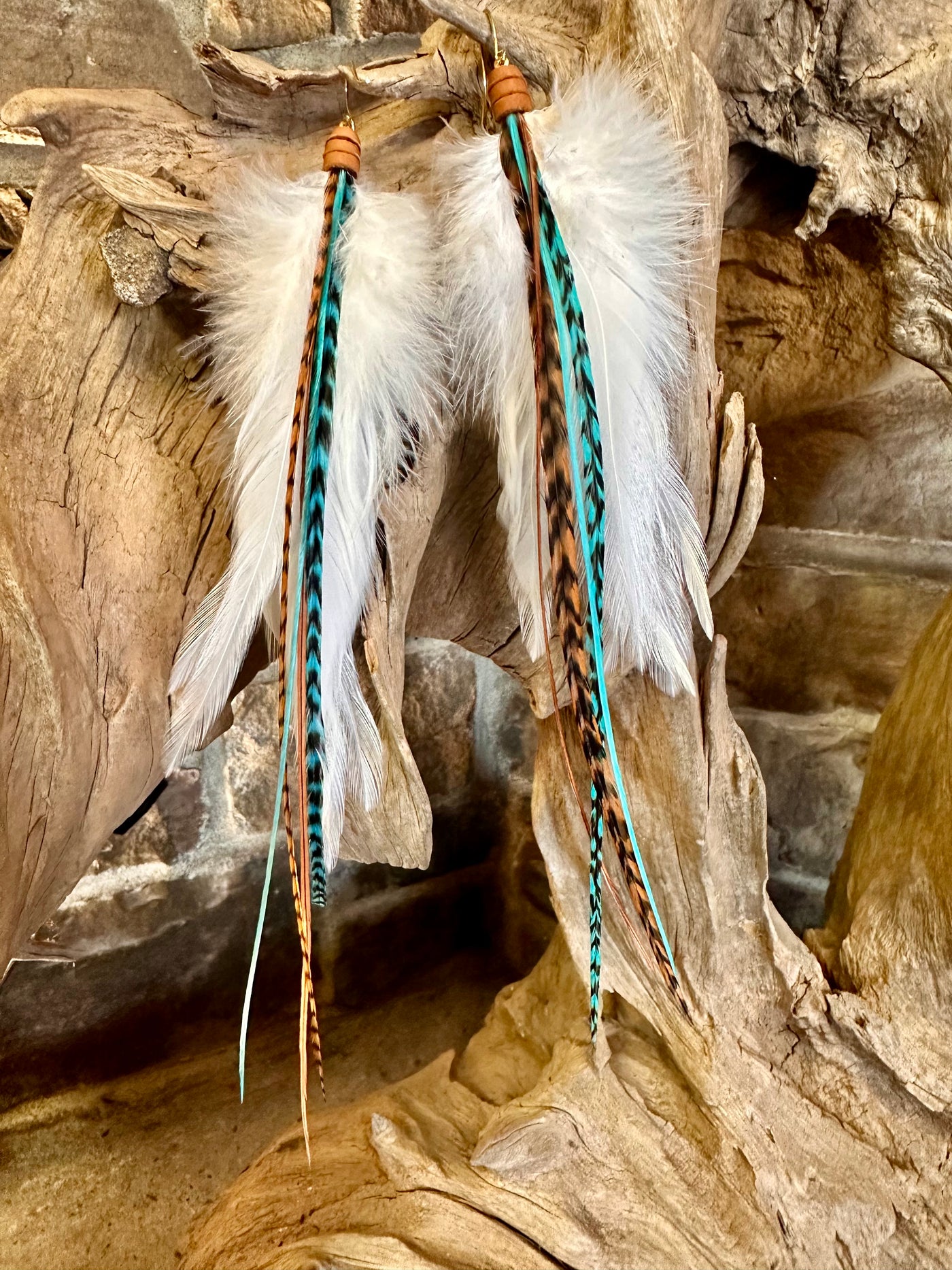 The Iceland – 8 inch Turquoise and Brown Handmade Unique Feather Earrings