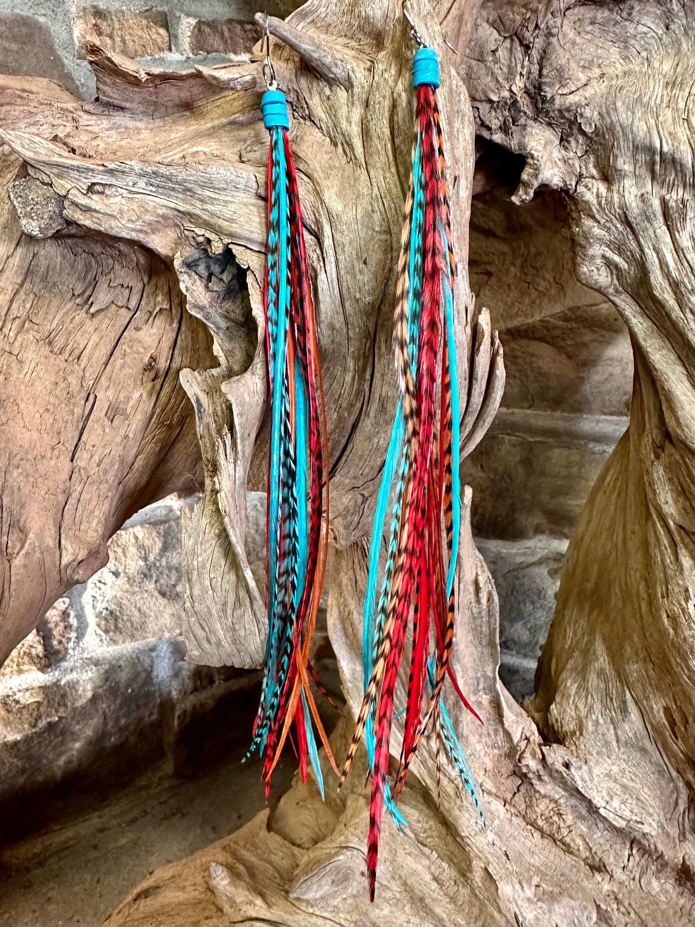8 Inch Beautiful Handmade Turquoise, Brown and Red Feather Grizzly Earrings