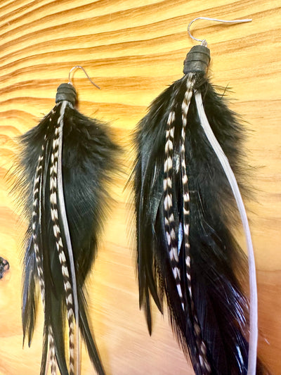 The Sofia – 8 inch Black & White Handmade Minimalist Feather Earrings