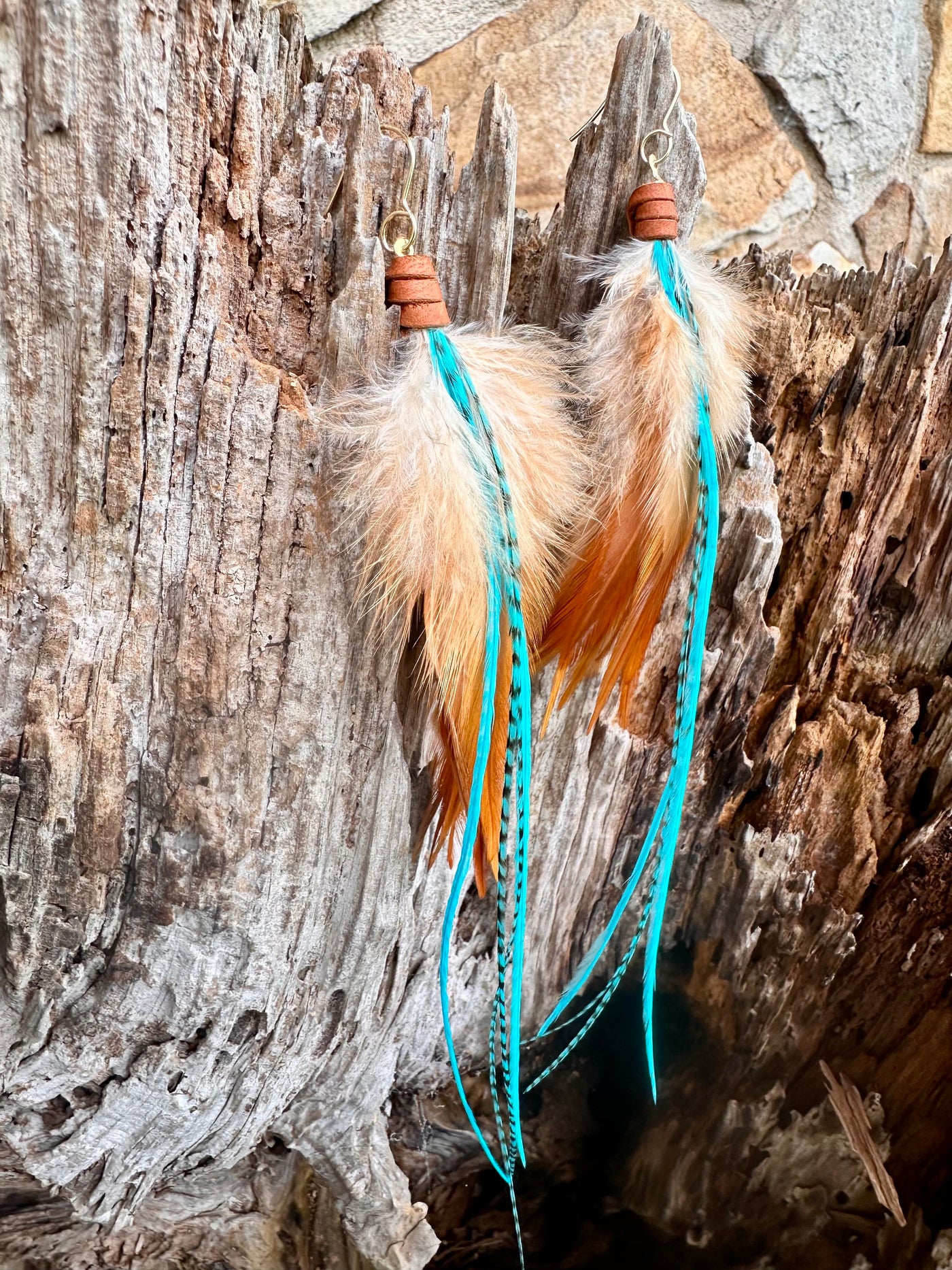 The Jadyn-8 inch Turquoise and Brown Feather Symbolic Boho Earrings