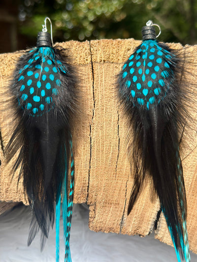The Tess – 8 inch Black & Turquoise Handmade Showstopper Feather Earrings