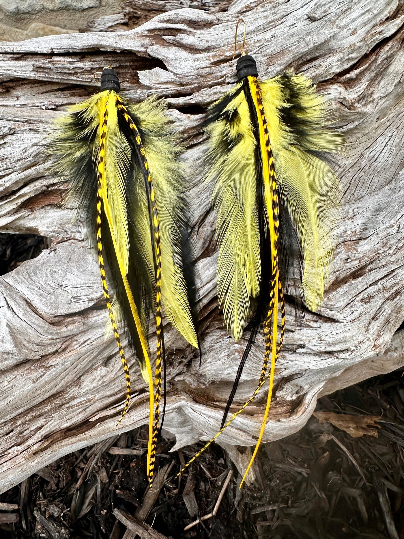 8 inch Black and Yellow Handmade Sports Feather Earrings