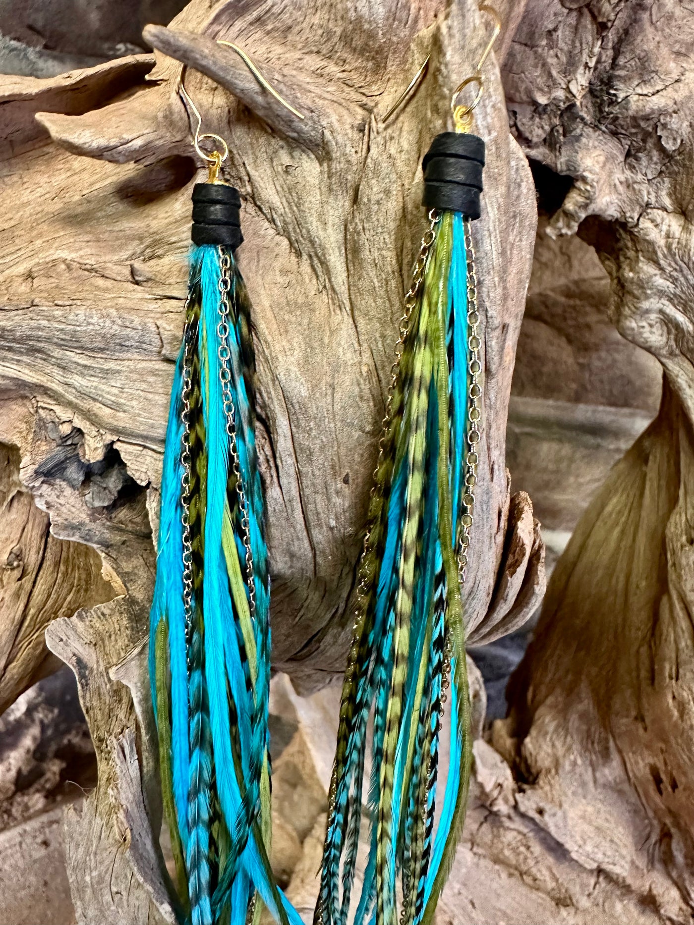 8 Inch Beautiful Handmade Turquoise and Green Feather Grizzly Earrings