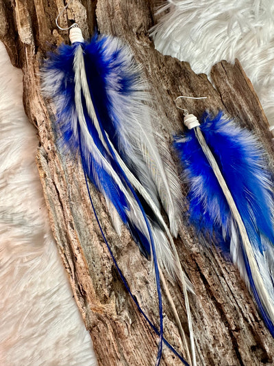 8 inch Blue and White Handmade Sports Feather Earrings