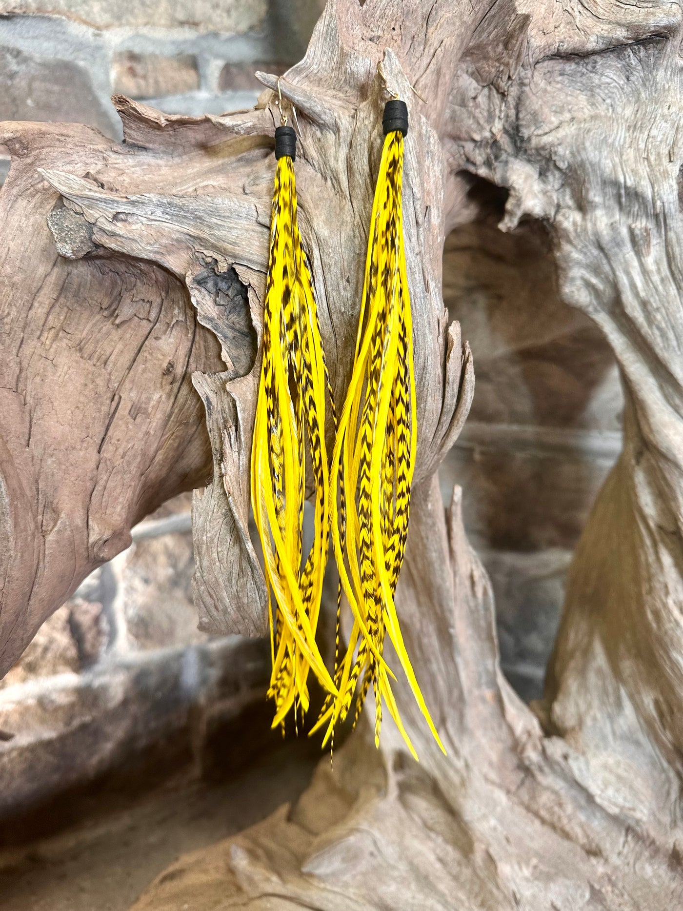 8 inch Beautiful Handmade Everyday Yellow and Black Feather Grizzly Earrings