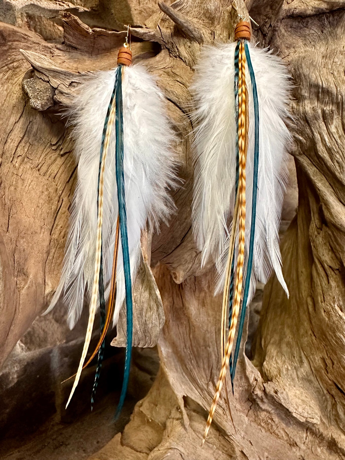 The Arizona– 8 inch Teal and Ginger Handmade Unique Feather Earrings