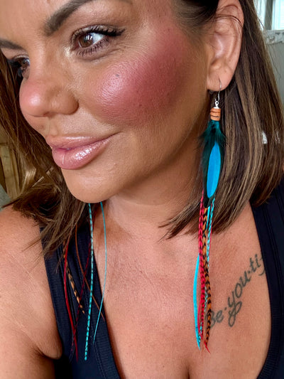The Nicole – 8 inch Turquoise & Brown Handmade Long Feather Earrings