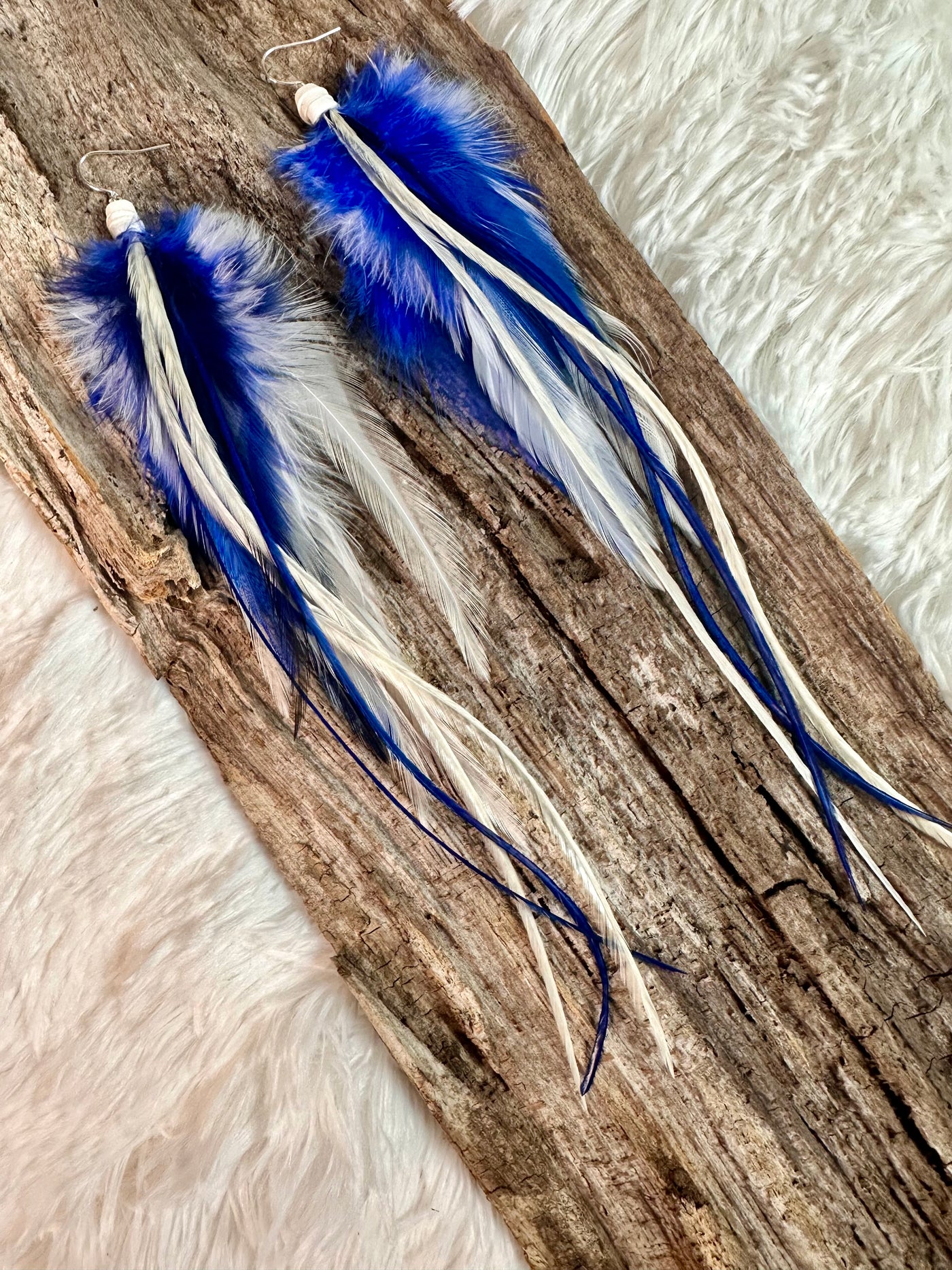 8 inch Blue and White Handmade Sports Feather Earrings