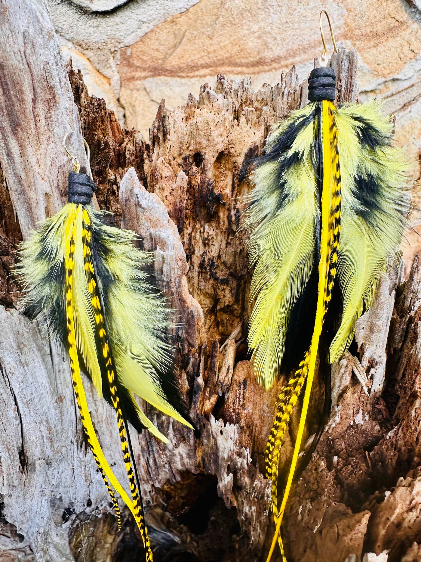 8 inch Black and Yellow Handmade Sports Feather Earrings