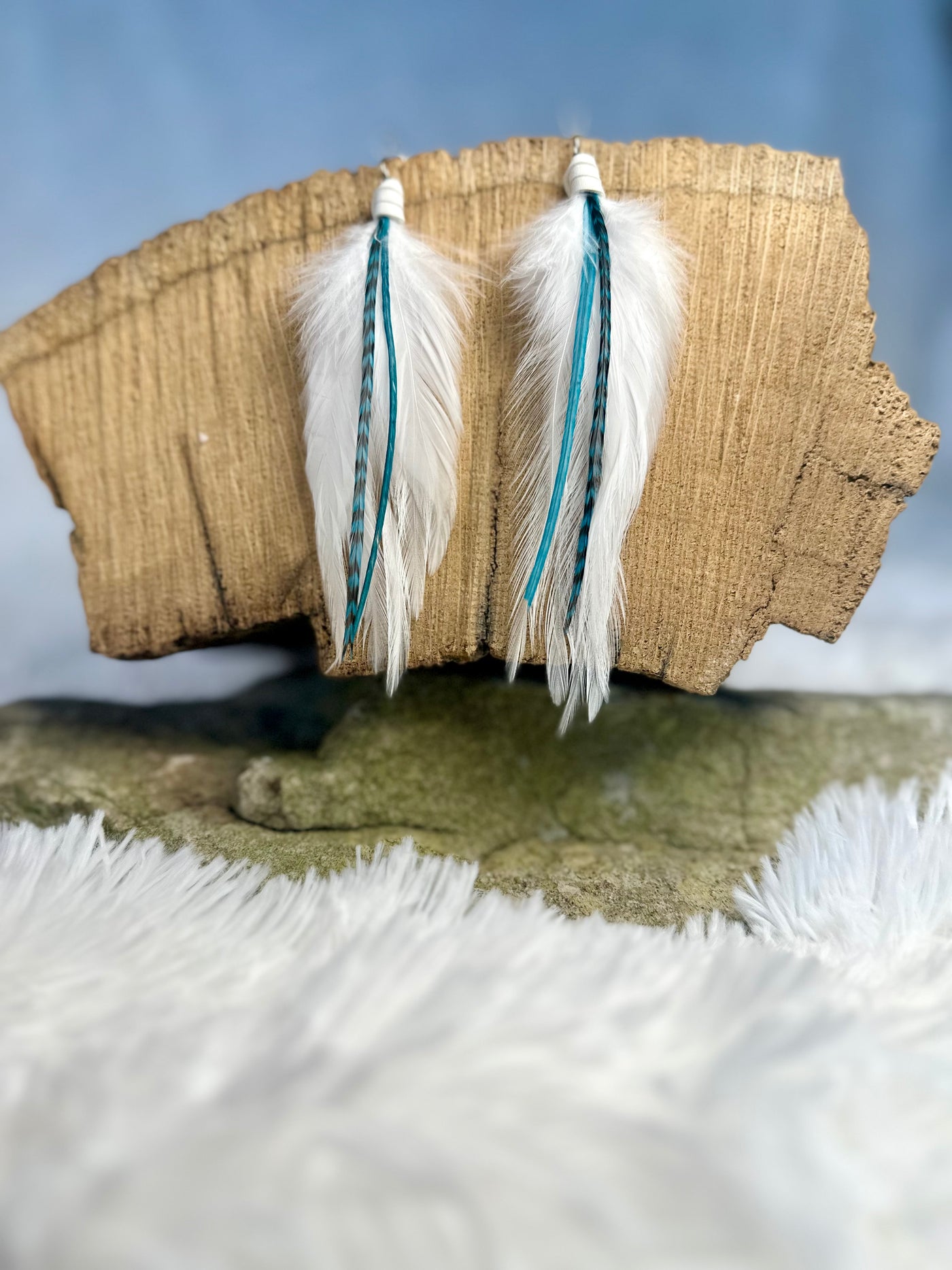 White and Turquoise 4 inch Handmade Mini Feather Earrings