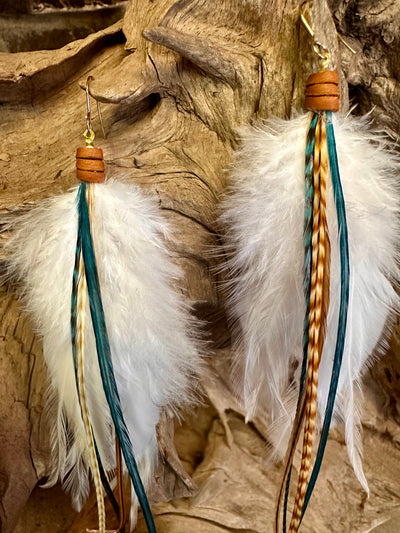 The Arizona– 8 inch Teal and Ginger Handmade Unique Feather Earrings