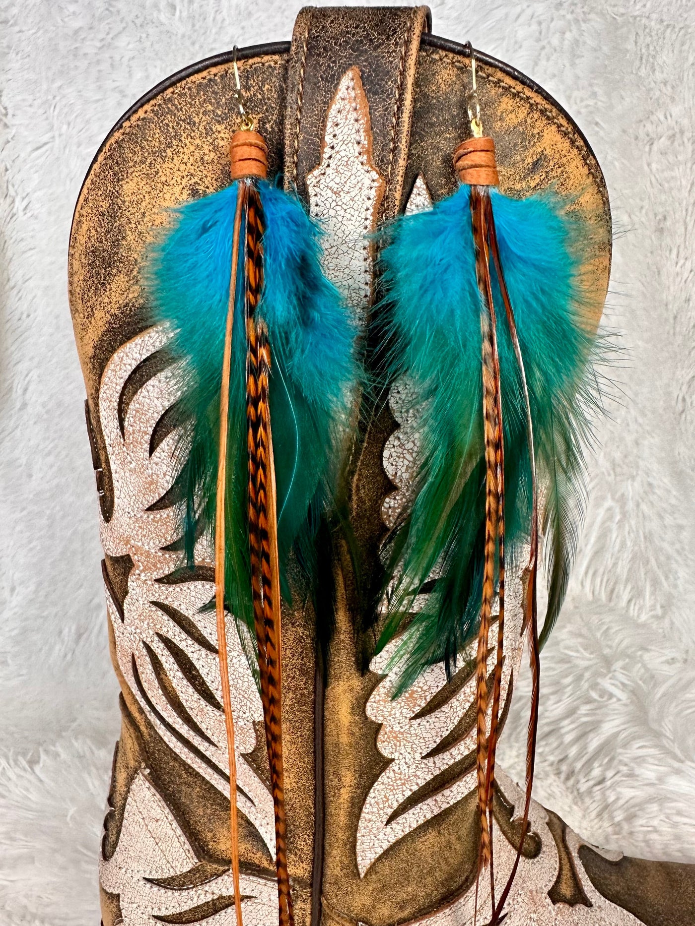 The Lynn – 8 inch Turquoise and Brown Handmade Customizable Feather Earrings