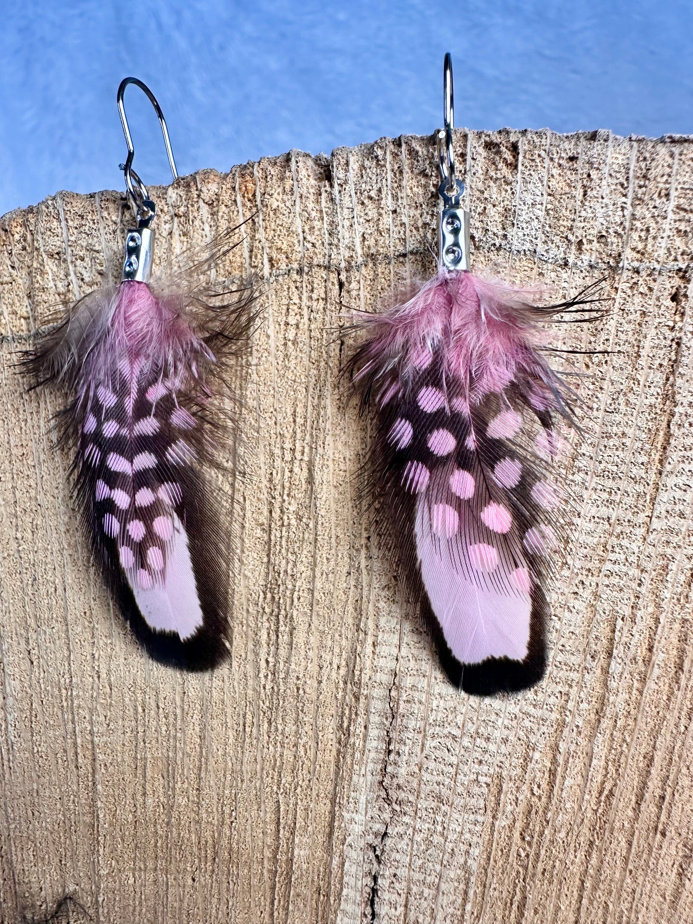 Handmade Pink Polka Dot 1 inch Mini Feather Earrings