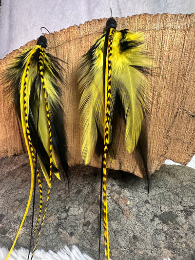 8 inch Black and Yellow Handmade Sports Feather Earrings