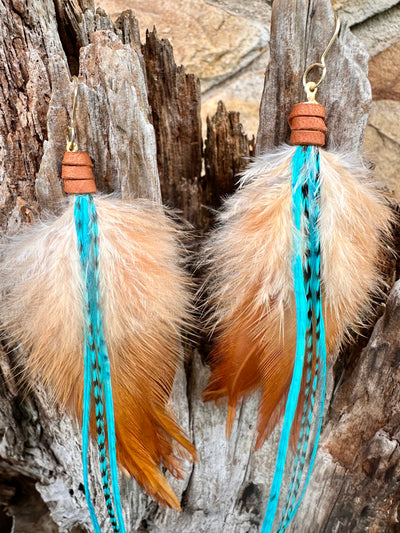 The Jadyn-8 inch Turquoise and Brown Feather Symbolic Boho Earrings