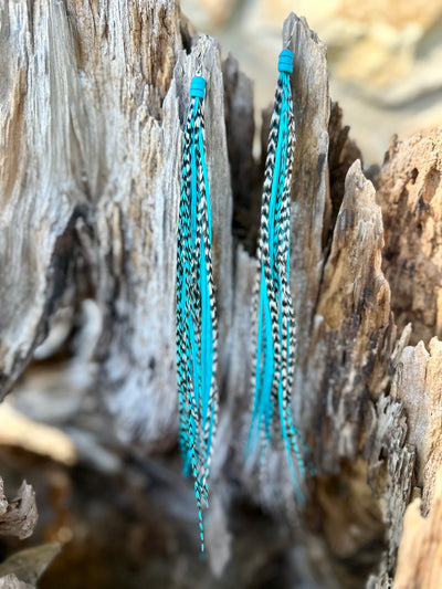 8 Inch Beautiful Handmade Turquoise, White and Black Feather Grizzly Earrings