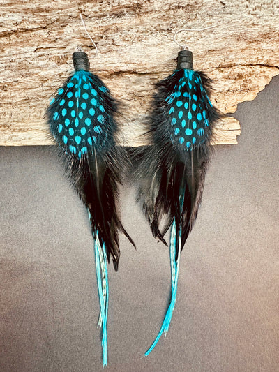 The Tess – 8 inch Black & Turquoise Handmade Showstopper Feather Earrings