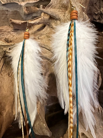 The Arizona– 8 inch Teal and Ginger Handmade Unique Feather Earrings