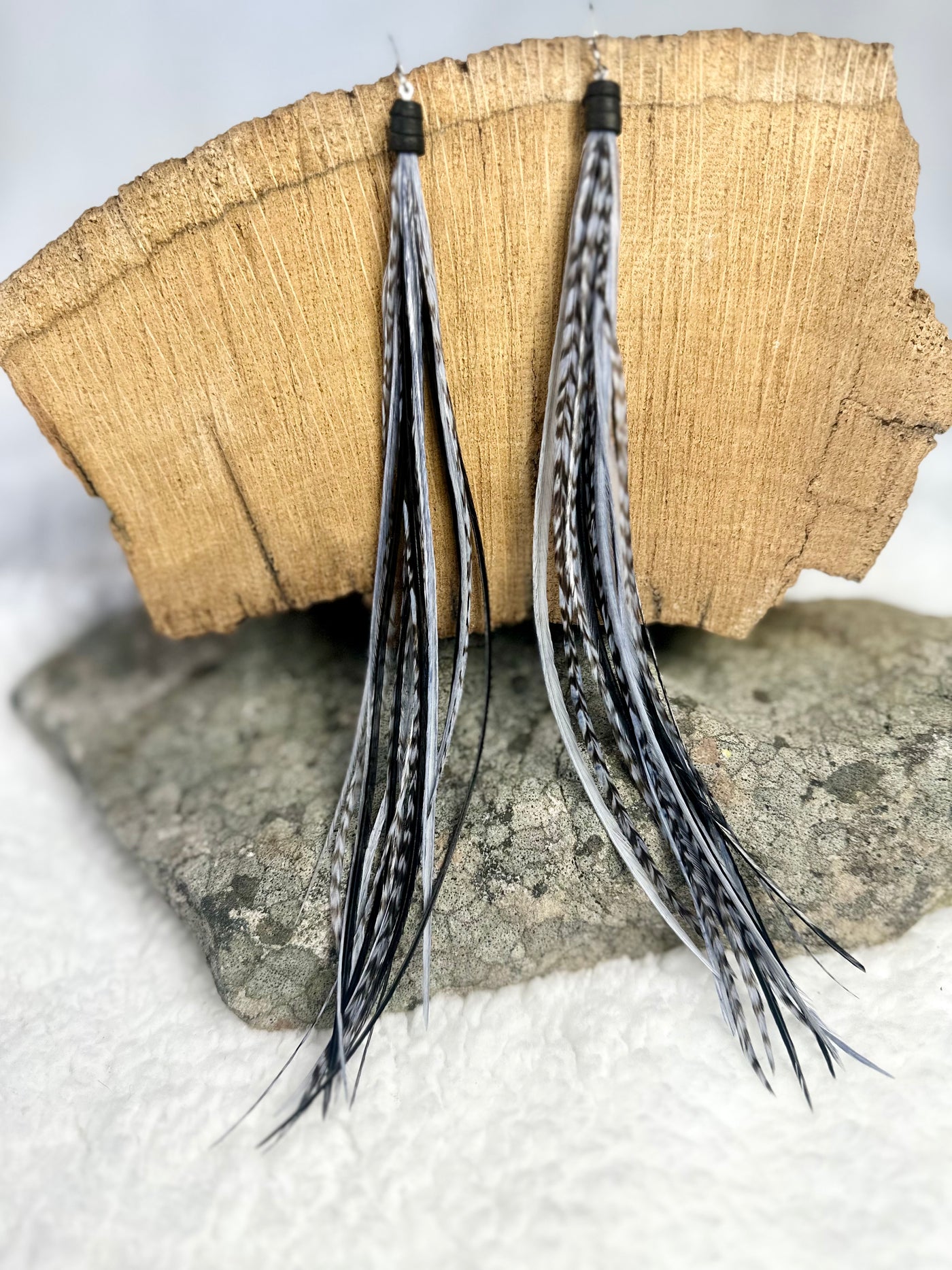 8 inch Beautiful Handmade Everyday Black and Gray Feather Grizzly Earrings