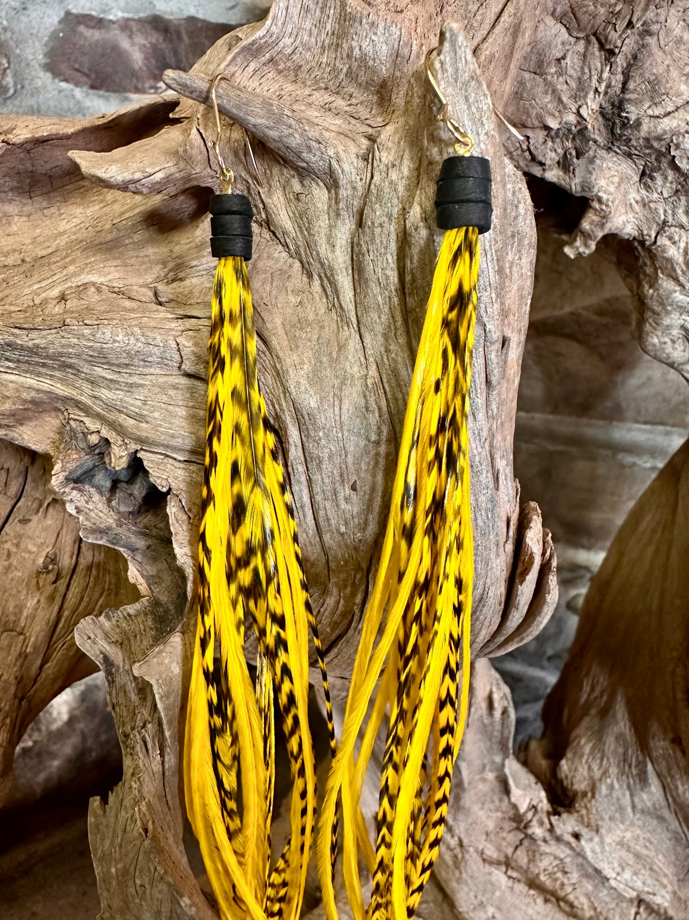 8 inch Beautiful Handmade Everyday Yellow and Black Feather Grizzly Earrings