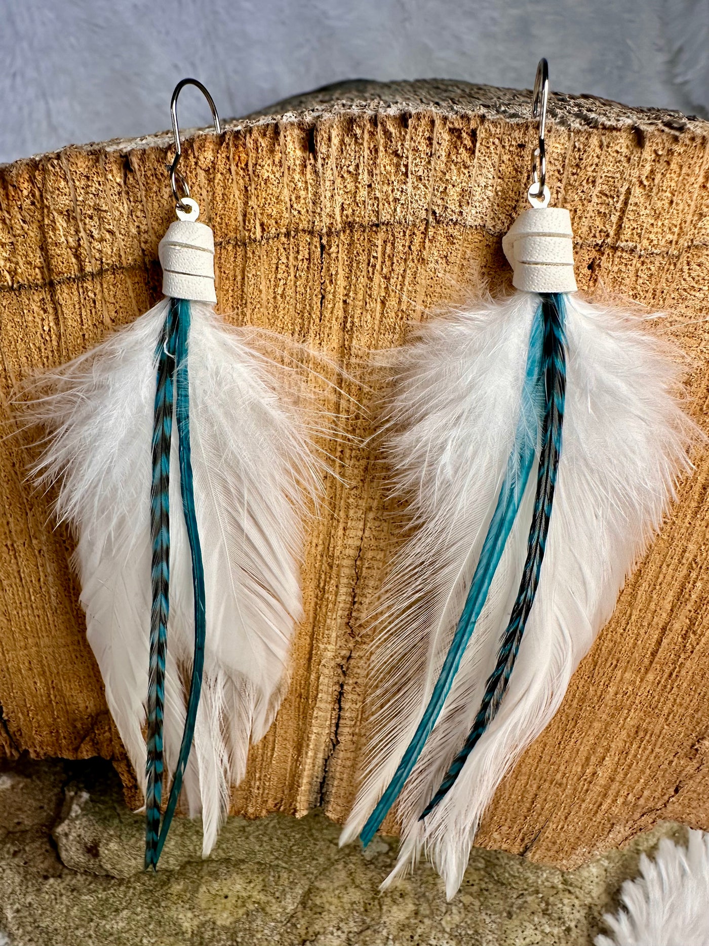 White and Turquoise 4 inch Handmade Mini Feather Earrings