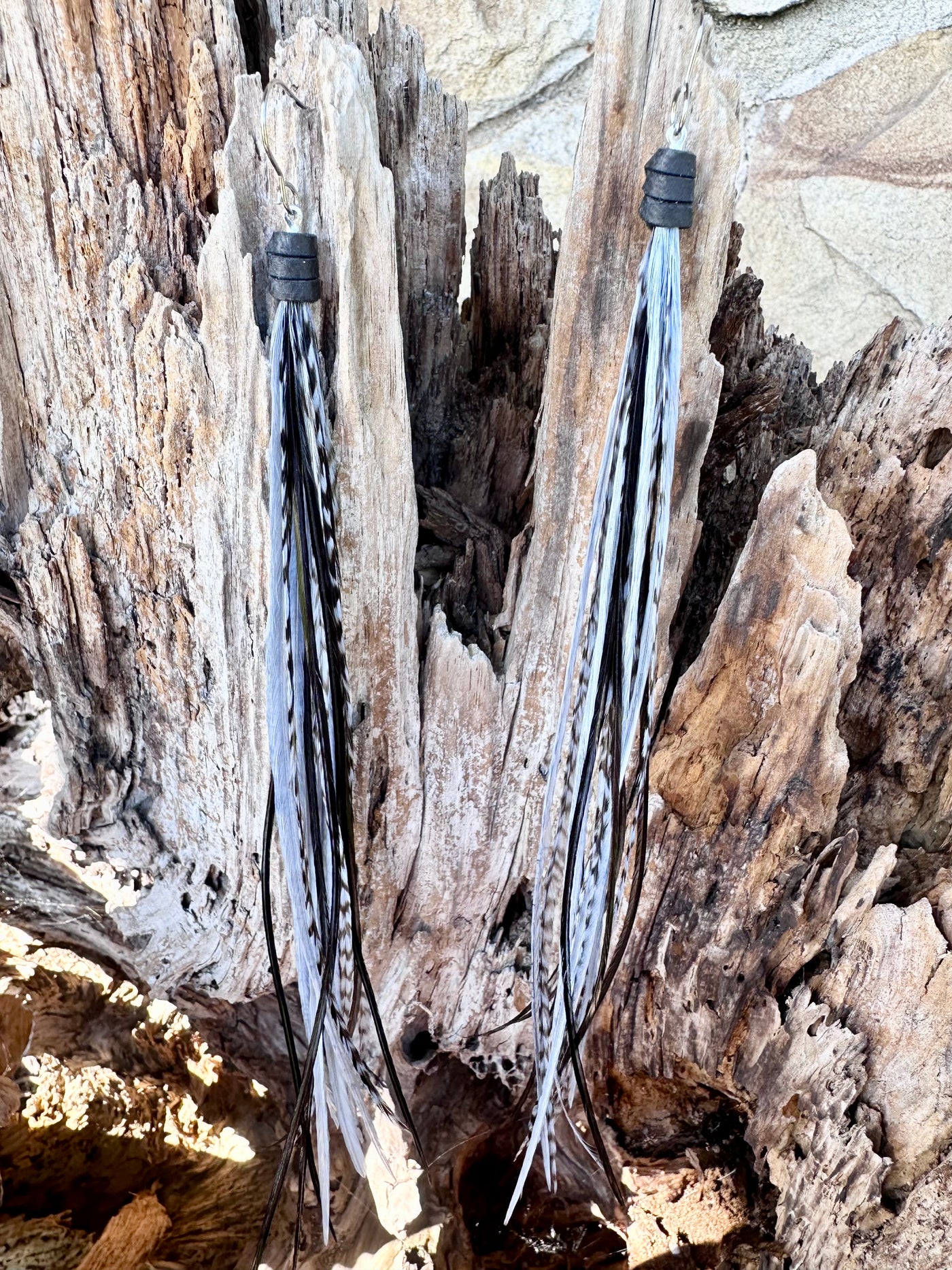 8 inch Beautiful Handmade Everyday Black and Gray Feather Grizzly Earrings