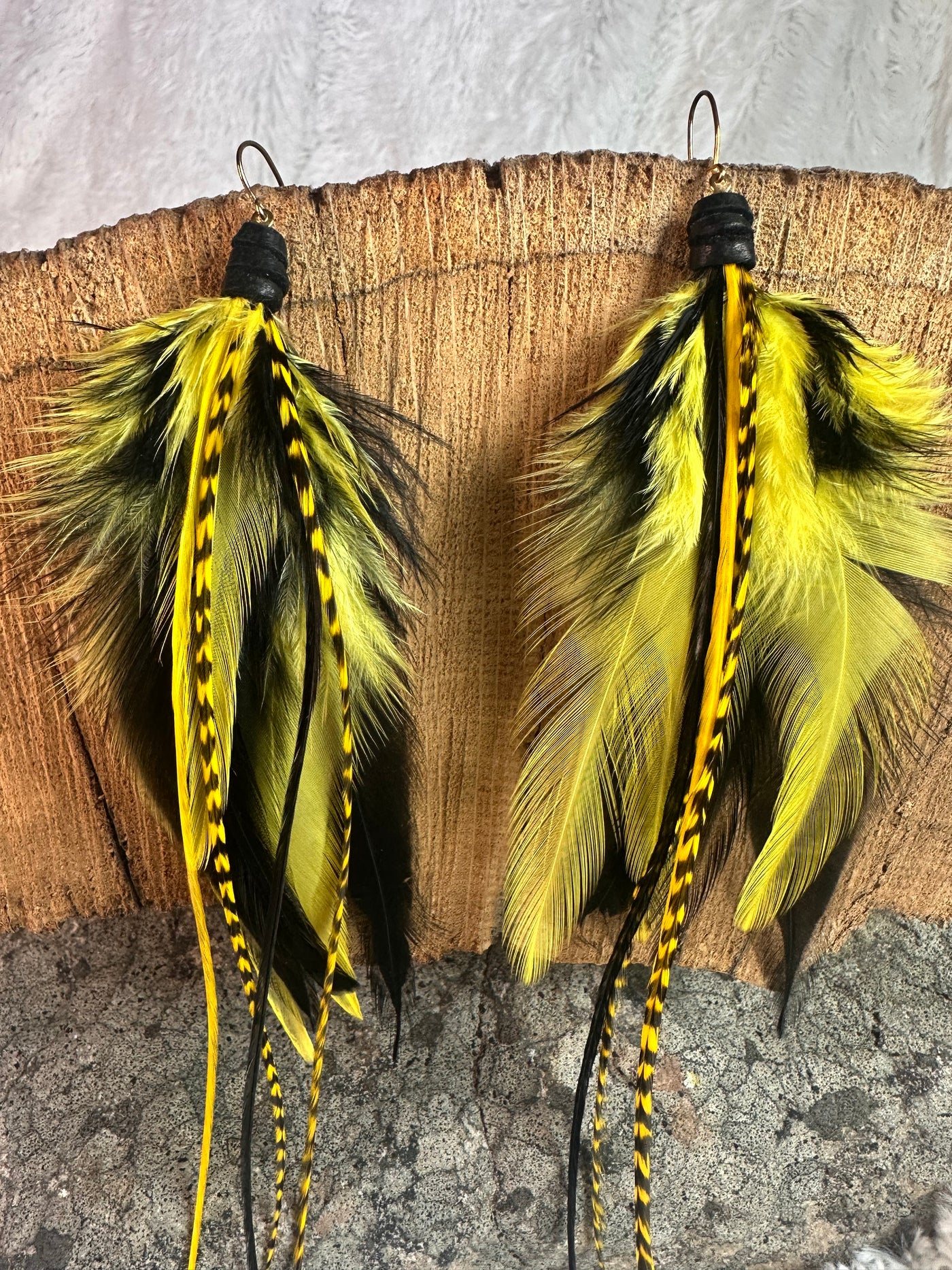 8 inch Black and Yellow Handmade Sports Feather Earrings