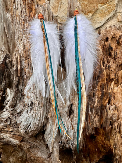 The Arizona– 8 inch Teal and Ginger Handmade Unique Feather Earrings