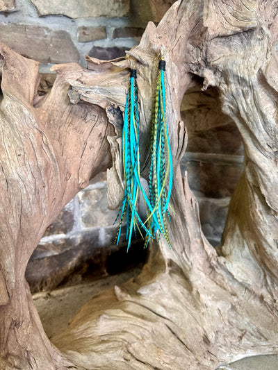 8 Inch Beautiful Handmade Turquoise and Green Feather Grizzly Earrings