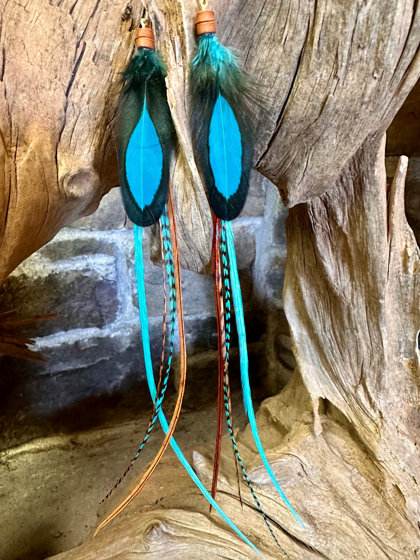 The Nicole – 8 inch Turquoise & Brown Handmade Long Feather Earrings