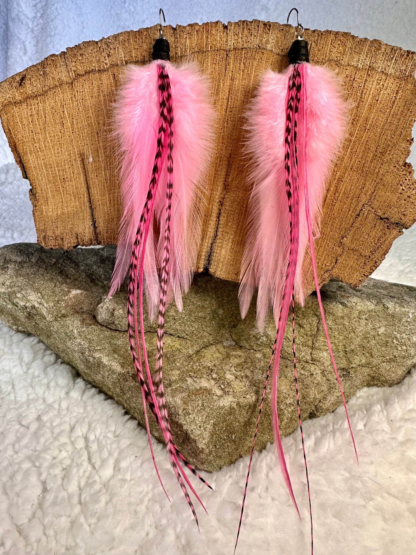 The Regina – 8 inch Pink, White & Grizzly Handmade Hypoallergenic Feather Earrings