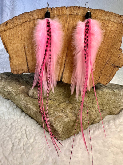 The Regina – 8 inch Pink, White & Grizzly Handmade Hypoallergenic Feather Earrings