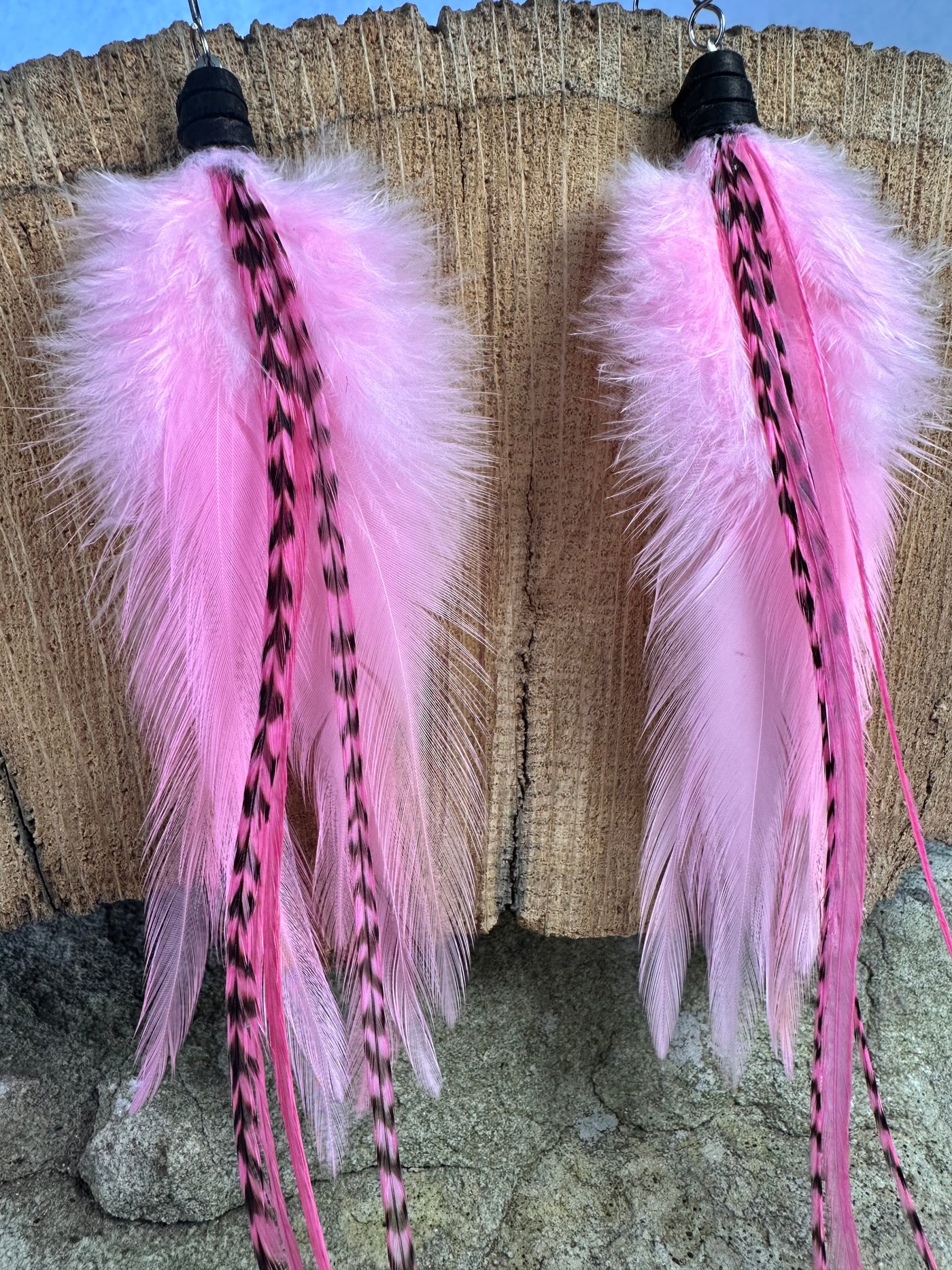 The Regina – 8 inch Pink, White & Grizzly Handmade Hypoallergenic Feather Earrings