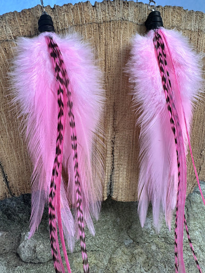 The Regina – 8 inch Pink, White & Grizzly Handmade Hypoallergenic Feather Earrings