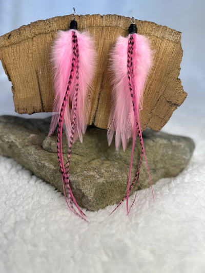 The Regina – 8 inch Pink, White & Grizzly Handmade Hypoallergenic Feather Earrings
