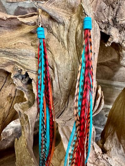 8 Inch Beautiful Handmade Turquoise, Brown and Red Feather Grizzly Earrings
