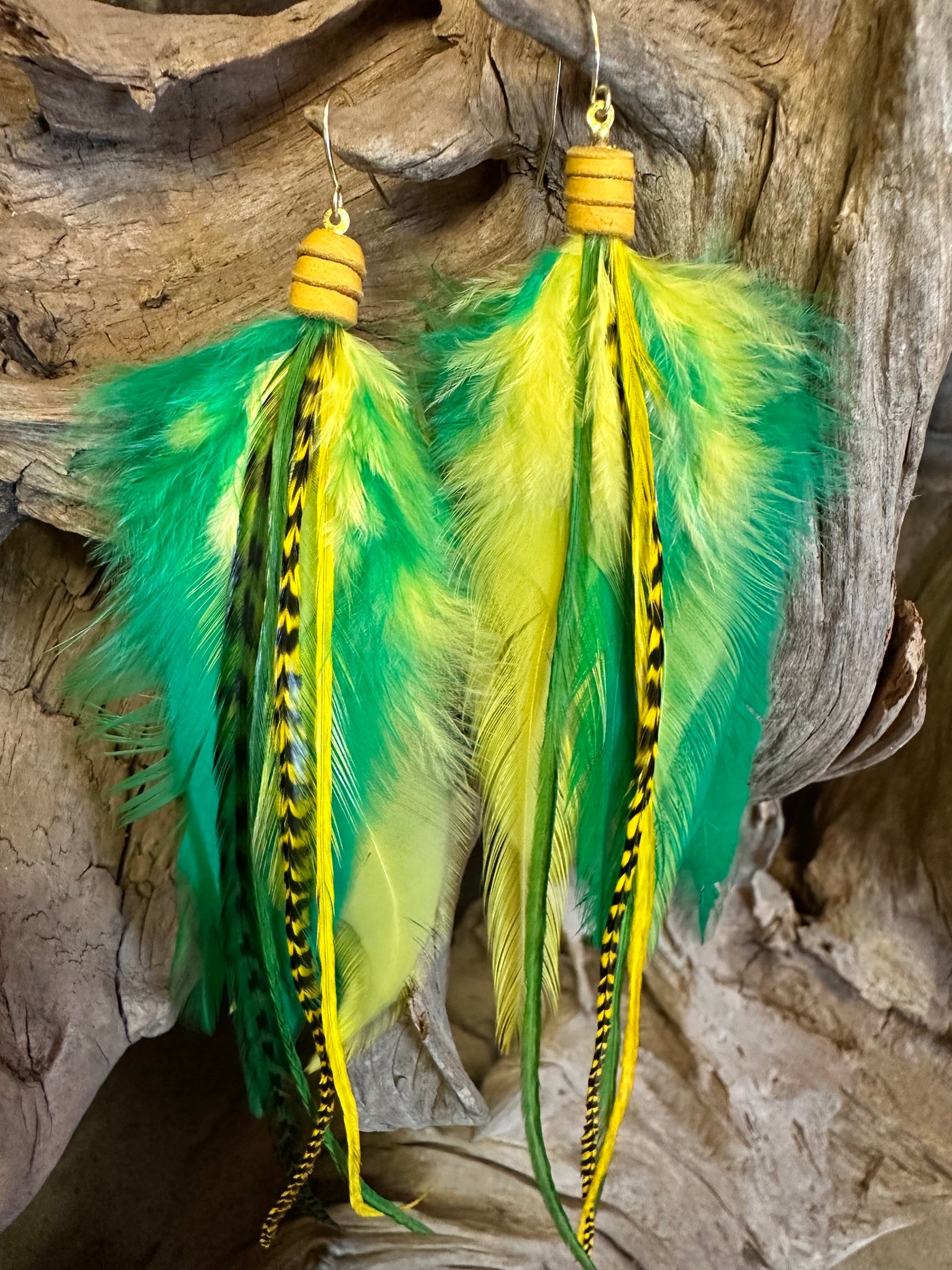 8 inch Green and Yellow Handmade Sports Feather Earrings