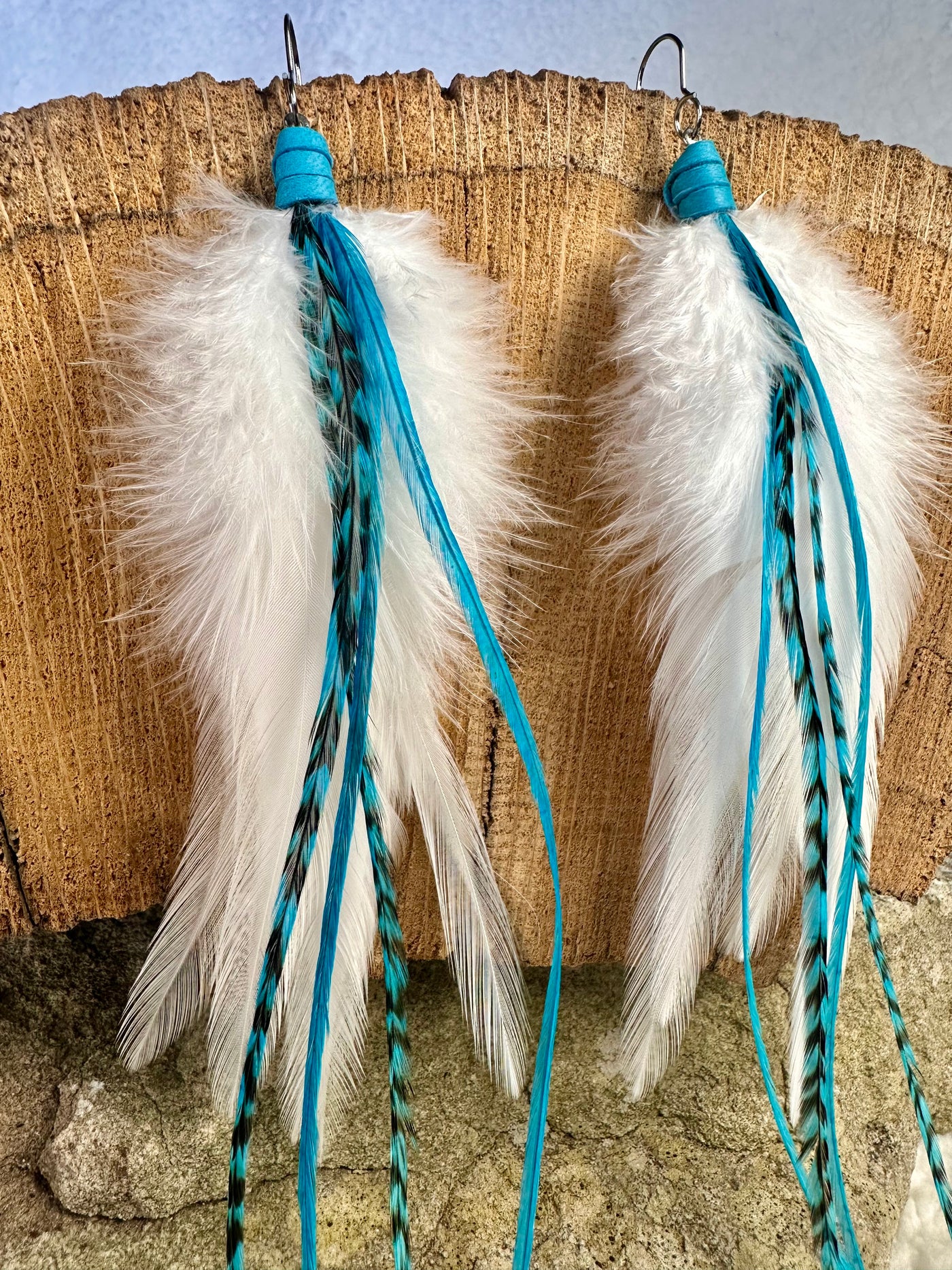 The Evelyn  – Striking 8 inchHandmade White and Turqouise Feather Earrings