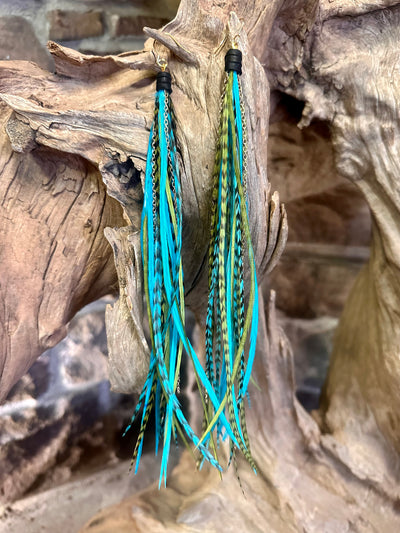8 Inch Beautiful Handmade Turquoise and Green Feather Grizzly Earrings