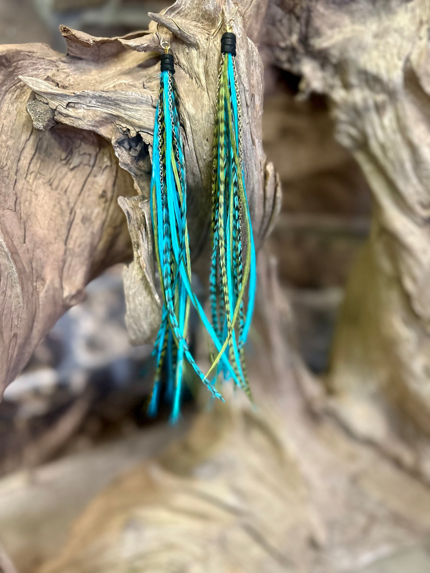 8 Inch Beautiful Handmade Turquoise and Green Feather Grizzly Earrings