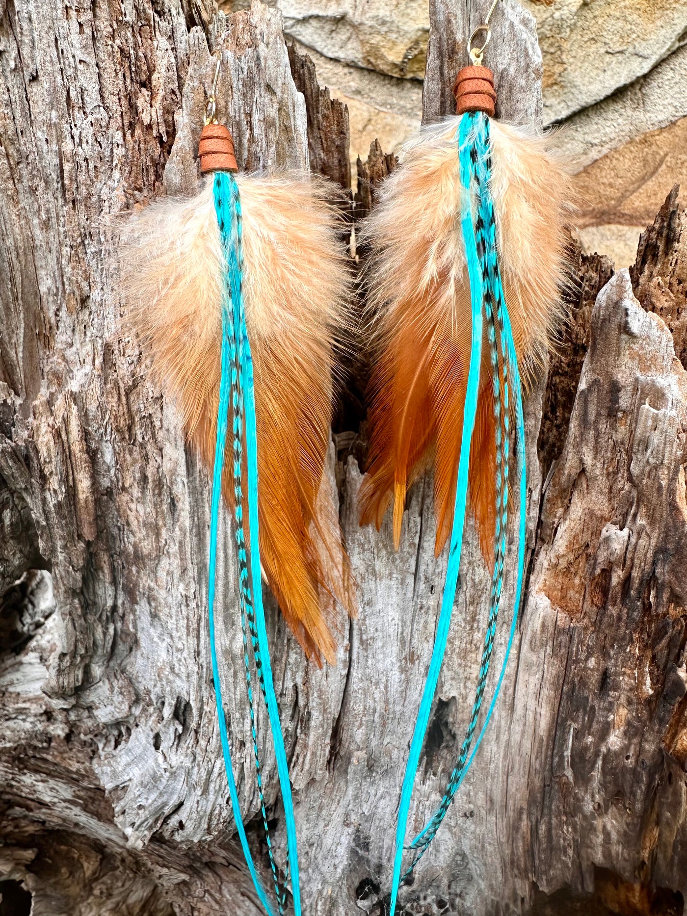 The Jadyn-8 inch Turquoise and Brown Feather Symbolic Boho Earrings