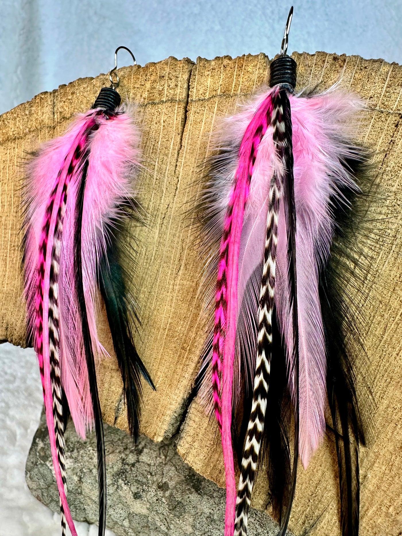 The Vicki – 8 inch Pink & Black Handmade Flowy Feather Earrings