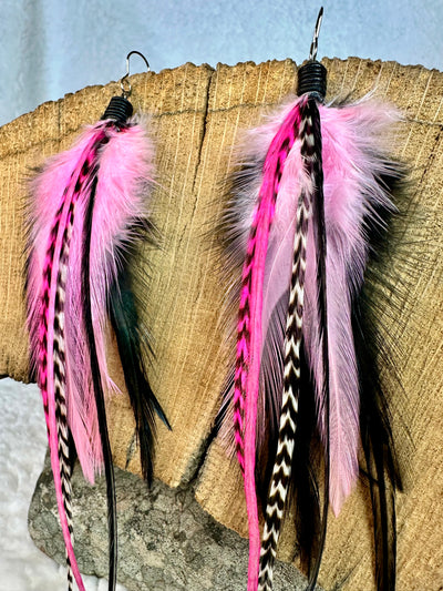 The Vicki – 8 inch Pink & Black Handmade Flowy Feather Earrings