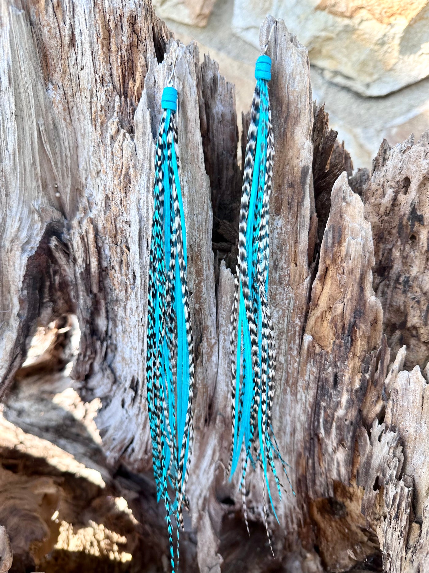8 Inch Beautiful Handmade Turquoise, White and Black Feather Grizzly Earrings