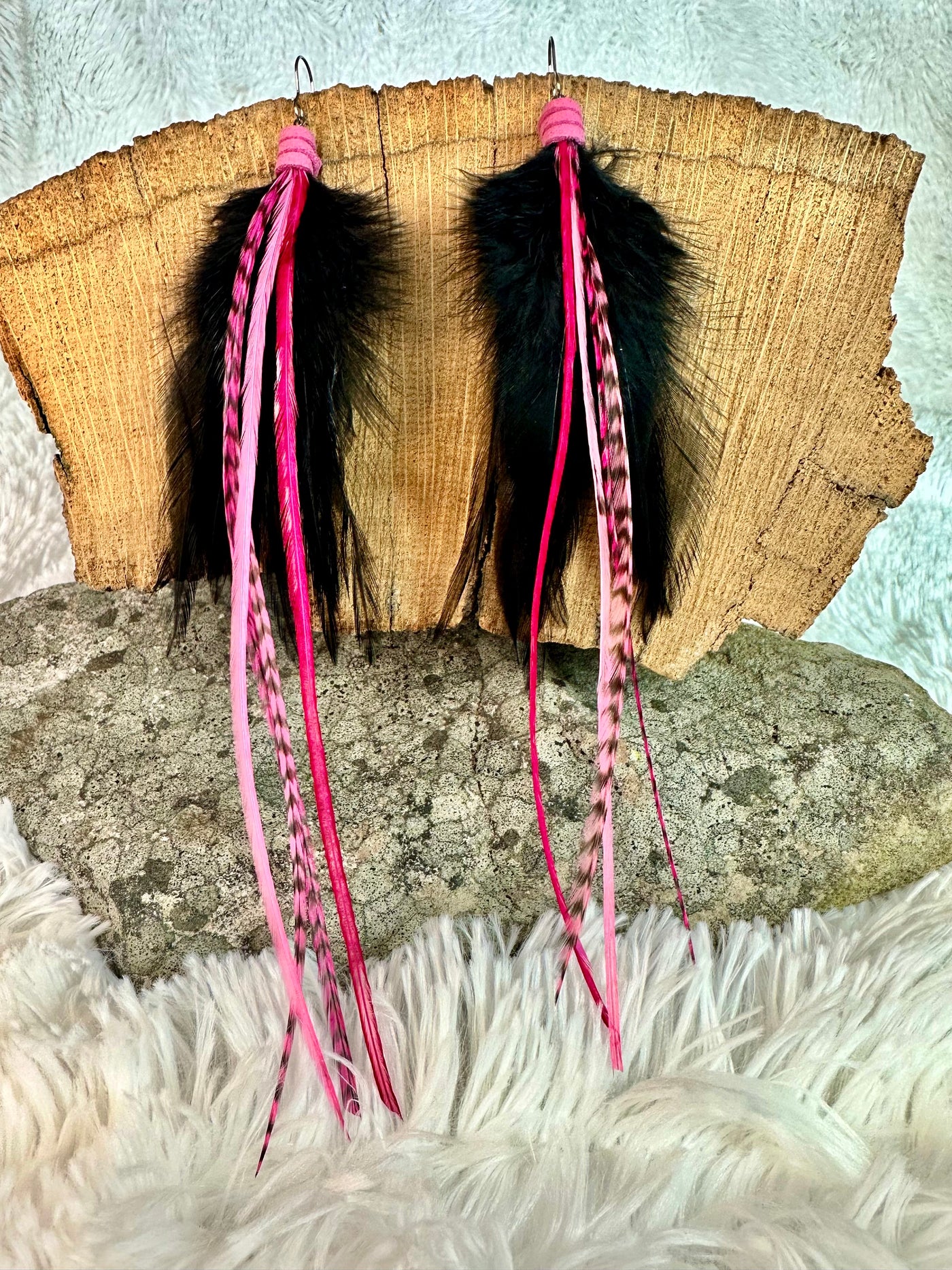 The Priscilla – 8 inch Black and Pink Feather Earrings